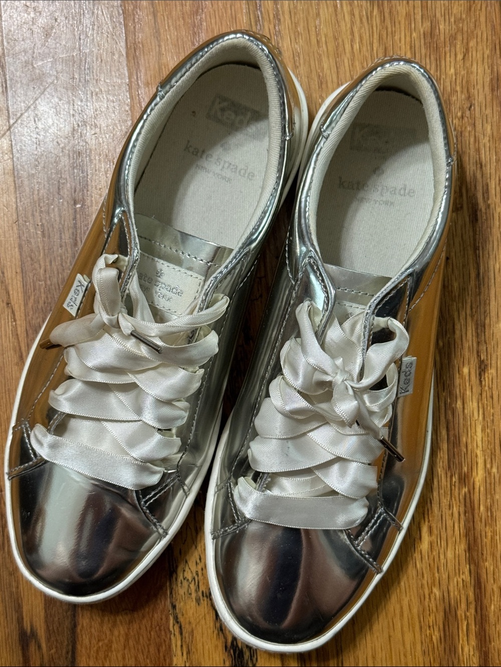 kate spade Silver Metallic Satin Ribbon Lace Sneakers